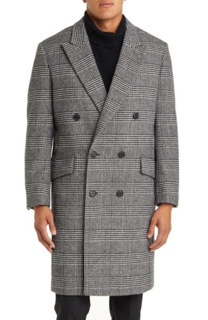 NORDSTROM Men's Glen Wool Blend Topcoat XL Black White Plaid XL NWT
